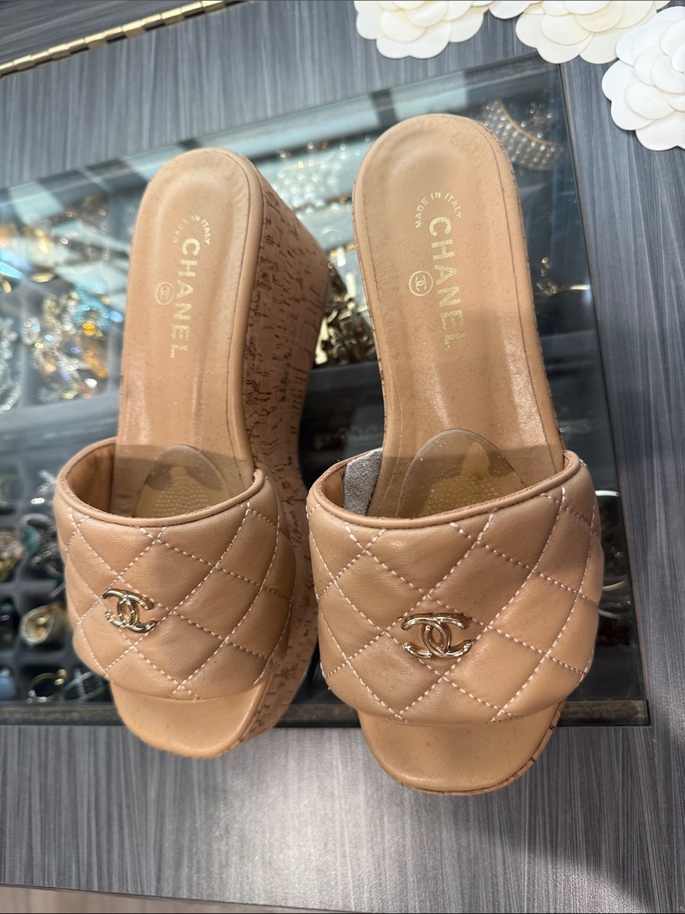 Quilted Leather Cork Platform Mules - Beige